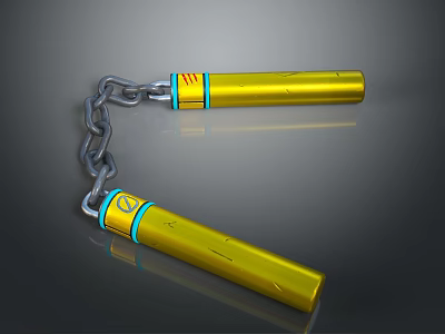 Yellow Martial Arts Nunchucks With Blue Red Accents And Metallic Chain Design 3d model