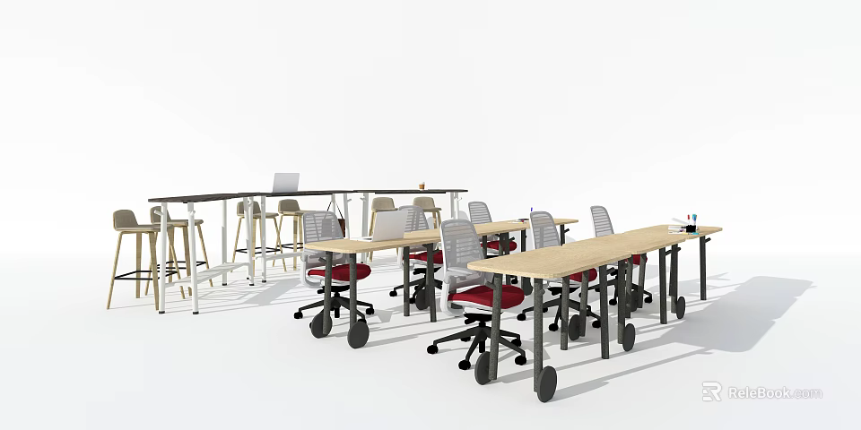 Multiple Office Desks In Modern Workspace With Swivel Chairs And Laptops 3d model