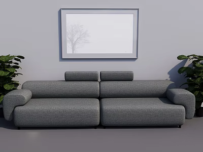Gray Sectional Sofa with Cushions in Modern Interior Featuring Framed Tree Artwork and Green Plants 3d model