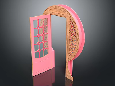 Pink Decorative Swing Door With Circular Frame And Intricate Carved Patterns 3d model