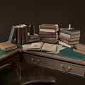 Vintage Wooden Desk with Stacked Books Antique Lamps and Leather Chair
