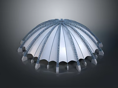 Modern Umbrella Shaped Structure With Radial Metallic Framework And Support Columns 3d model