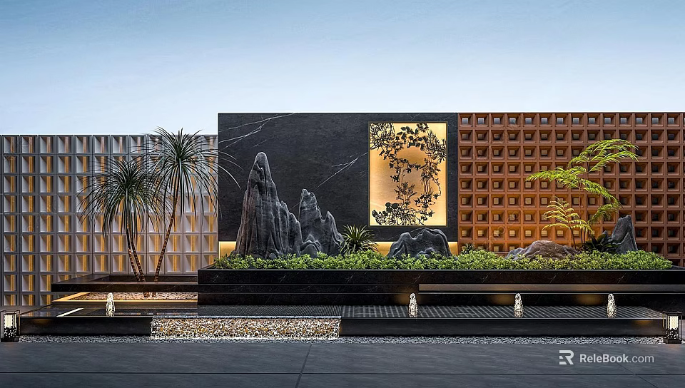 Modern Building Exterior Wall Featuring Black Stone Decorative Pattern Grid Design And Plants 3d model