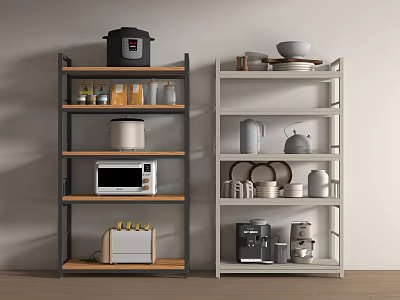Modern Kitchen Storage Shelves With Rice Cooker Microwave Bowls Plates And Coffee Maker 3d model