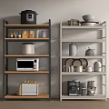 Modern Kitchen Storage Shelves With Rice Cooker Microwave Bowls Plates And Coffee Maker