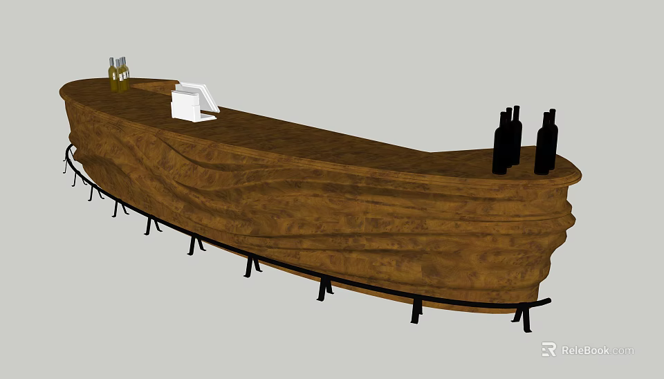 Wooden Curved Reception Desk With Bottles And Tissue Box In Hotel Lobby 3d model 