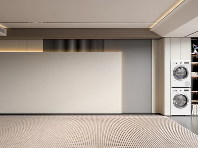 Modern Minimalist Sofa Background Wall Design Featuring Beige Wooden Grid And Recessed Lighting 3d model