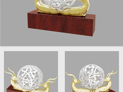 Golden Dragon Ornament Decoration Set With Transparent Spherical Center And Wooden Base 3d model