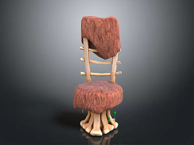 Rustic Wooden Chair With Furry Brown Cushion Backrest And Root Shaped Legs 3d model
