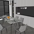 Modern Restaurant Interior Design With Dining Table Chairs Hanging Lights And Wine Rack Open Layout 3d model
