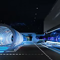 Futuristic Exhibition Space With Transparent Spherical Structure And Illuminated Tunnel