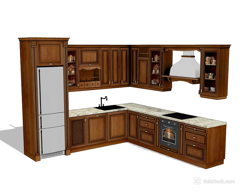 Dark Wood Kitchen Cabinets With L Shaped Design White Countertop And Stainless Steel Appliances 3d model 