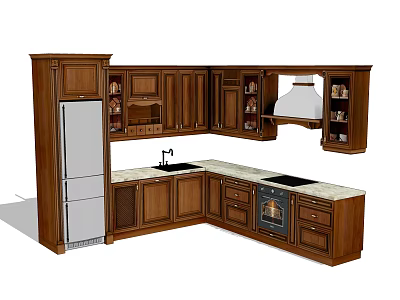 Dark Wood Kitchen Cabinets With L Shaped Design White Countertop And Stainless Steel Appliances 3d model