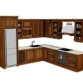 Dark Wood Kitchen Cabinets With L Shaped Design White Countertop And Stainless Steel Appliances