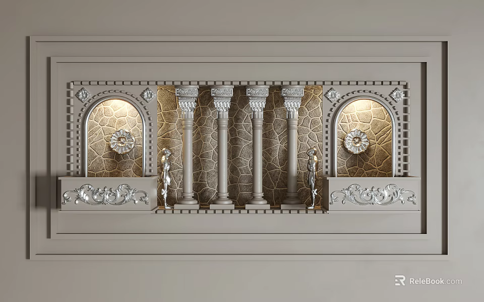 Classical Symmetrical Wall Sconces With Decorative Columns Gold Gray Carvings And Patterns 3d model 