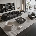 Modern Living Room Interior Featuring Sofa Coffee Table Set Armchairs Textured Rug And Large Windows