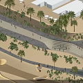 Aerial View Planning of Landscaped Urban Area with Palm Trees Curved Walkways and Pedestrians