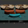 Stylish Sofa Bed With Colorful Cushions Blue Mattress Black Frame And Gold Knob Drawers