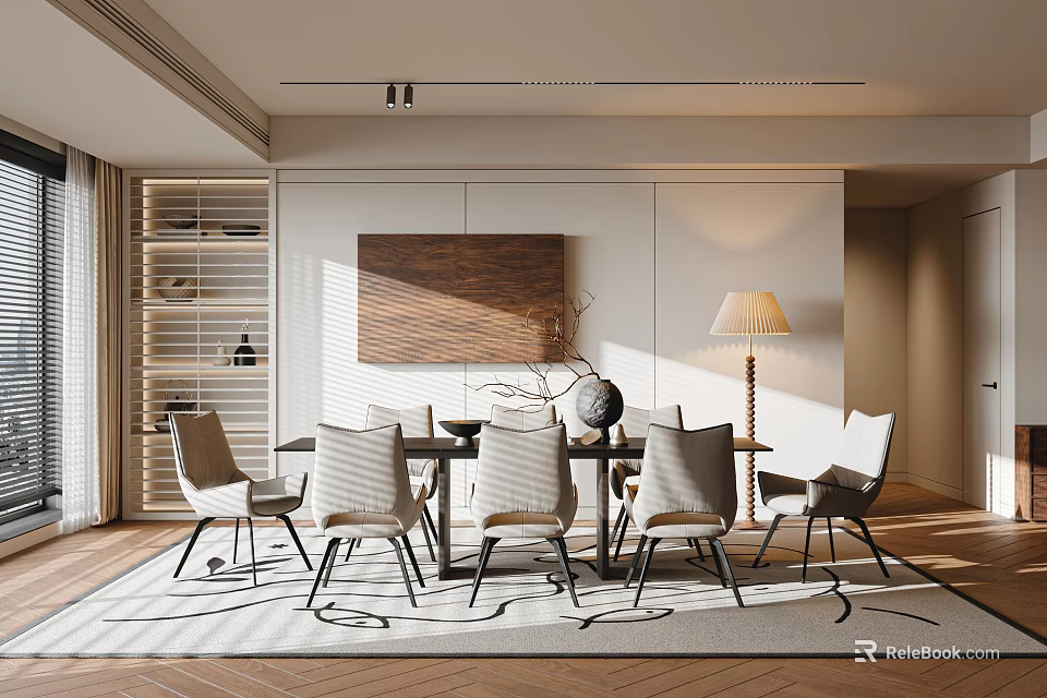 Elegant Modern Restaurant Interior With Dining Table Chairs Floor Lamp Decorative Painting And Wooden Shutters 3d model 