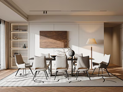 Elegant Modern Restaurant Interior With Dining Table Chairs Floor Lamp Decorative Painting And Wooden Shutters 3d model