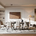 Elegant Modern Restaurant Interior With Dining Table Chairs Floor Lamp Decorative Painting And Wooden Shutters