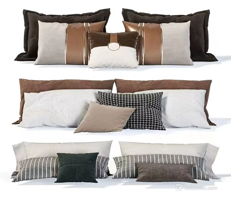 Modern Decorative Throw Pillows Featuring Brown Beige Green Striped Checkered Solid Linen Velvet Textures 3d model