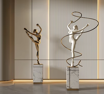 Modern Gold And White Dancer Sculptures With Marble Pedestals And Striped Wall Background 3d model
