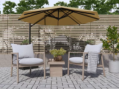 Outdoor Sofa Set With Cushions Umbrella Side Table And Plants In Natural Setting 3d model