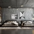 Industrial Hotel Room Interior With Twin Beds Exposed Beams Gray Walls And Pendant Lights