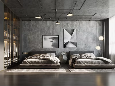 Industrial Hotel Room Interior With Twin Beds Exposed Beams Gray Walls And Pendant Lights 3d model