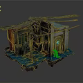 Floating Island Scene With Dilapidated Structure Glowing Blue Door Pipes Small Figure And Green Plants