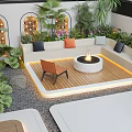 Modern Garden With Geometric Patterned Tiles Outdoor Seating Lush Plants Grill Station And Decorative Lanterns