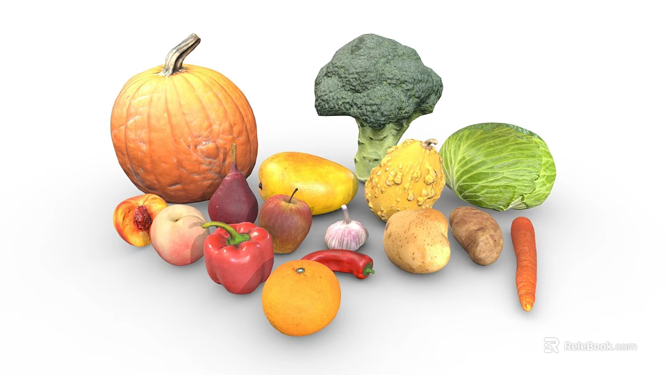 Colorful Assorted Fresh Vegetables Display With Pumpkin Broccoli Cabbage And Carrots 3d model 