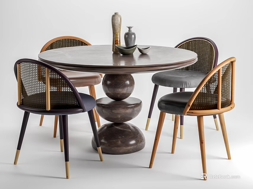 Modern Round Dining Table Set With Layered Spherical Base And Rattan Backrest Chairs 3d model 