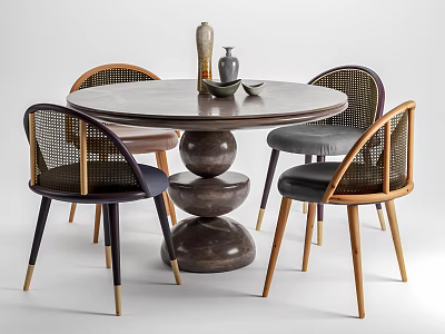 Modern Round Dining Table Set With Layered Spherical Base And Rattan Backrest Chairs 3d model