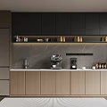Modern Pantry Interior With Black Cabinets Marble Backsplash Coffee Machine Sink Refrigerator And Storage Cabinets
