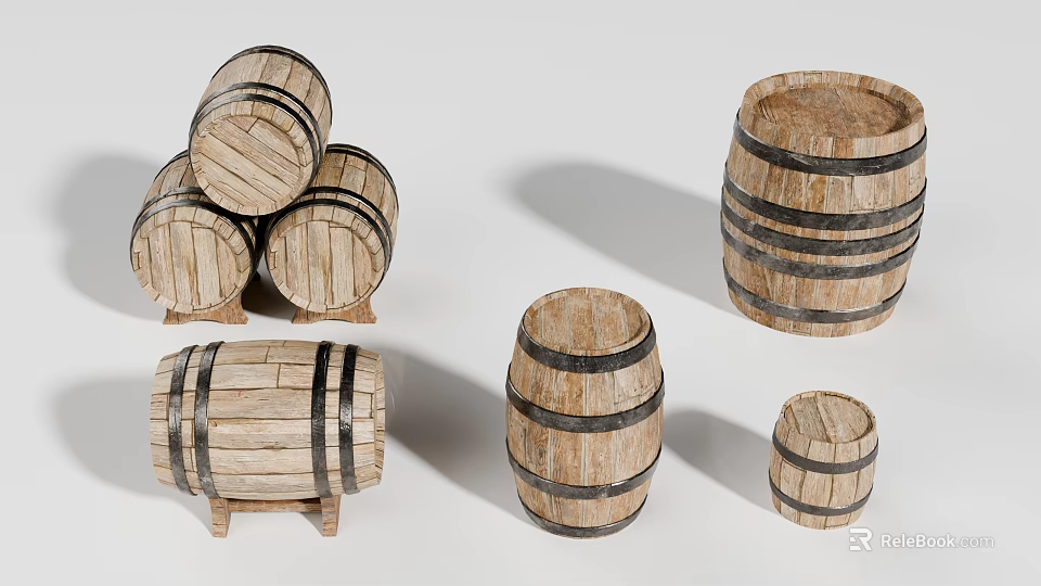 Rustic Wooden Barrels In Different Sizes Stacked And Single Designs 3d model 