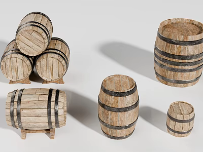 Rustic Wooden Barrels In Different Sizes Stacked And Single Designs 3d model
