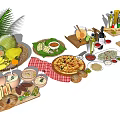 Assorted Fresh Foods Including Pizza Sausages Fruits Vegetables Pasta Bread And Olive Oil