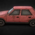 Red Rusty Vintage Compact Car With Rusted Body And Old Exterior