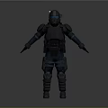Futuristic Armored Character Standing With Glowing Blue Helmet And Body Armor