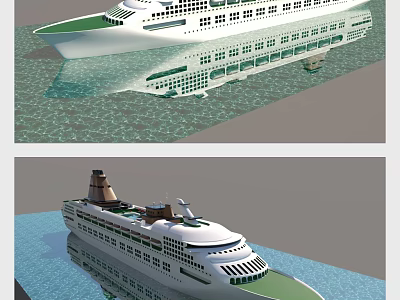 White Cruise Ships With Green Decks On Water 3d model