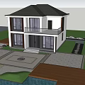 Modern Two-Story Detached Villa With Balcony Large Windows White Walls Black Roof And Greenery