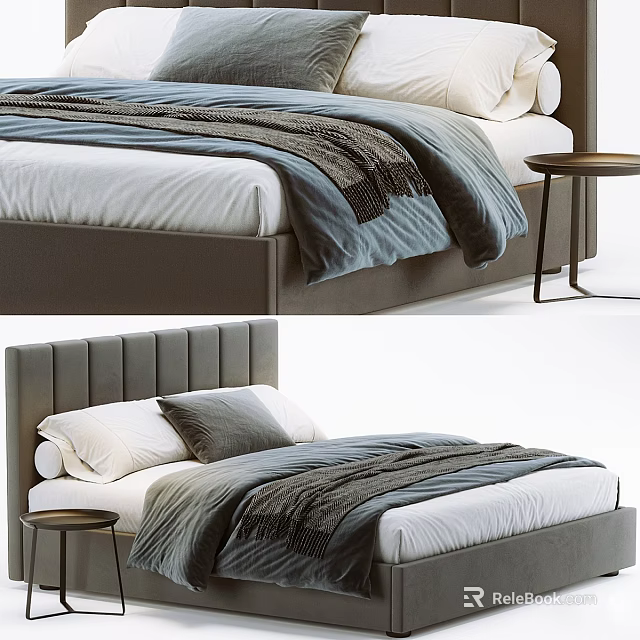 Modern Double Bed With Upholstered Headboard White Sheets Blue Grey Blanket Pillows And Side Table 3d model 