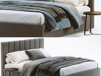 Modern Double Bed With Upholstered Headboard White Sheets Blue Grey Blanket Pillows And Side Table 3d model