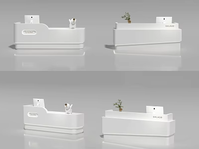 Modern White Store Reception Desk With Sleek Counter Logo And Small Potted Plant 3d model
