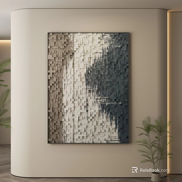 Modern Textured Abstract Painting With Cube Pattern Gray Beige Dark Tones Indoor Wall Decor 3d model 