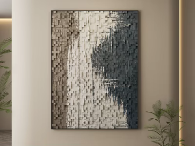 Modern Textured Abstract Painting With Cube Pattern Gray Beige Dark Tones Indoor Wall Decor 3d model
