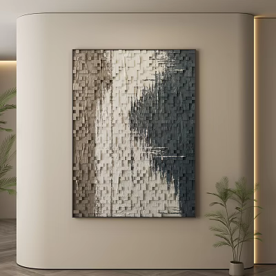 Modern Textured Abstract Painting With Cube Pattern Gray Beige Dark Tones Indoor Wall Decor 3d model