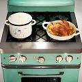 Vintage Turquoise Stove With Pots And Baked Food Classic Cooking Appliance